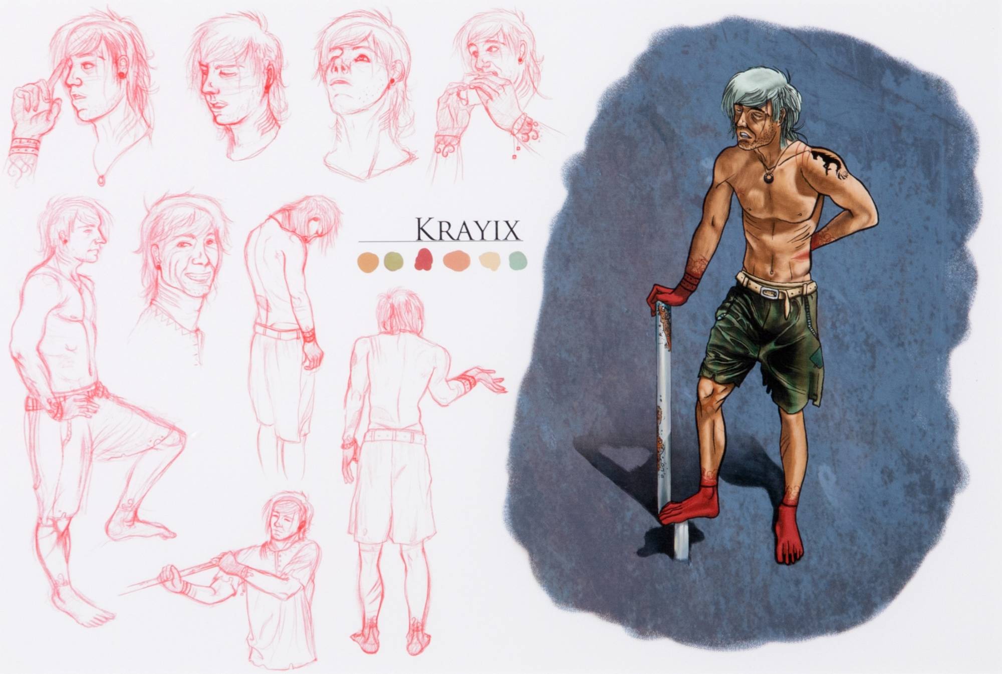 Colorful image of multiple drawings of the same character, finished project laong right side. Character is a man with grey hair, no shirt and green shorts. Click to view more character design illustrations. Click to browse other waterscapes.